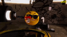 a cartoon smiley face wearing sunglasses is driving a yellow car .