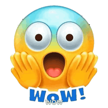 a surprised smiley face with its mouth open and the word wow written on it .