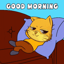 a cartoon of a cat laying on a couch with the words good morning written below it