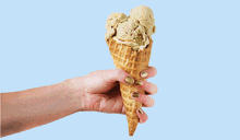 a woman 's hand with pink nails holds a chocolate ice cream cone
