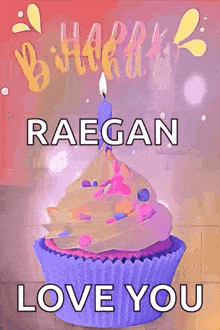 a cupcake with a candle on top of it and the words `` happy birthday raegan love you '' written on it .