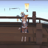 a cartoon character standing on a wooden deck