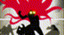 a silhouette of a man with glowing eyes is standing in front of a red background .