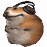 a cheems dog wearing headphones is smiling and looking at the camera .