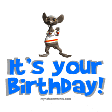 a cartoon chihuahua is standing in front of the words it 's your birthday