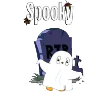 a cartoon drawing of a ghost and two penguins with the words spooky below them