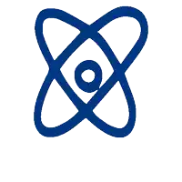 a blue icon of an atom with a white background