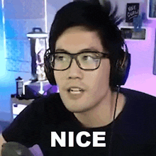 a man wearing glasses and headphones has the word nice written on his face