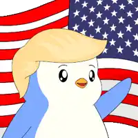 a cartoon of a penguin wearing donald trump 's wig is standing in front of an american flag