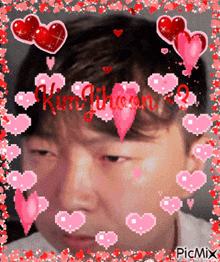 a man is surrounded by pink and red hearts and the name kim jihoon