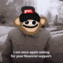 a monkey wearing a spurs beanie is asking for financial support
