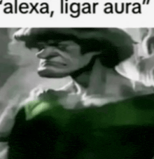 a black and white photo of a man with the words " alexa ligar aura " below him
