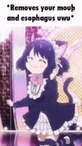 a girl in a maid costume is standing in front of a mirror and talking on a cell phone .