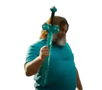 a man with a beard is holding a blue sword