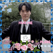 a picture of a man in a suit and tie with the words hug me