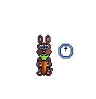 a pixel art drawing of a rabbit holding a carrot next to a clock