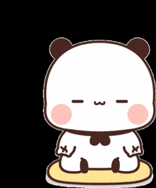 a cartoon panda bear is sitting on a yellow pillow with his eyes closed