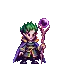a pixel art of a wizard with green hair holding a purple ball .