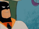 a close up of a cartoon character wearing a batman costume
