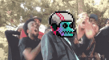 a group of people with a pixelated skull on their faces