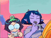 a cartoon of a girl with a frog on her head playing a game