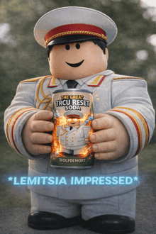 a cartoon character is holding a can of the great troleset soda