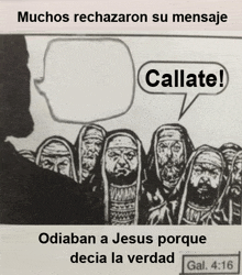 a cartoon of a group of men with a speech bubble saying callate