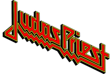 the logo for judas priest is red , yellow and black on a white background