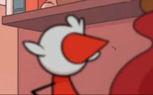 a cartoon bird with a red beak is standing next to a shelf with books on it .