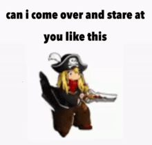 a girl in a pirate costume is holding a gun .