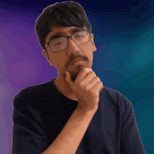 a man with glasses and a beard is thinking with his hand on his chin