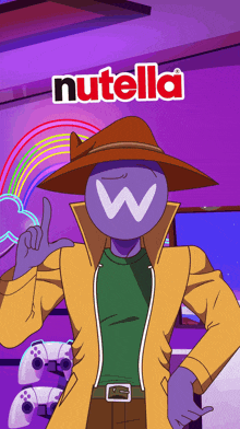 an advertisement for nutella shows a cartoon character with a w on his face