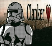 a black and white drawing of a storm trooper with the words clanker written on the bottom .