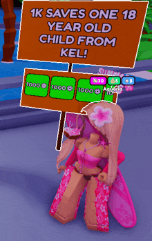 a sign that says 1k saves one 18 year old child from kel on it