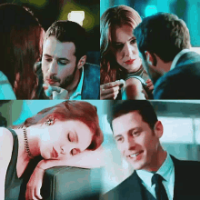 a man and a woman are sitting next to each other and the woman is sleeping