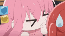 a close up of a pink haired anime character making a funny face
