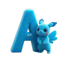 a blue letter a with a blue stuffed animal on it