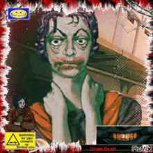 a painting of a man with barbed wire around him and a warning sign that says warning may consists of barbed wire