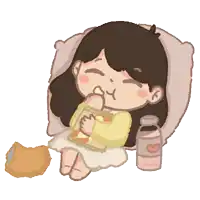 a cartoon of a girl eating chips next to a bottle of milk with a heart on it