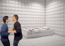 two people are dancing in a room with a bed in the background