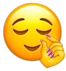 a yellow smiley face with purple nails and a hand covering it .