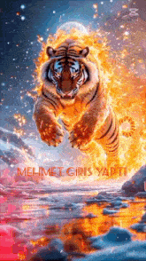 a painting of a tiger jumping over a river