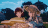 two anime girls are reading a book in a park