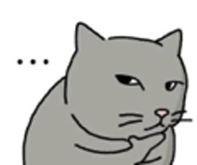 a cartoon drawing of a gray cat sitting down with its hand on its chin .