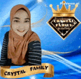a woman wearing a hijab is standing in front of a logo for crystal family