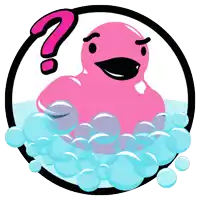 a pink rubber duck with a question mark on it