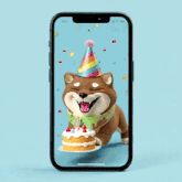 a cartoon dog is holding a cake in front of its face