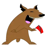 a cartoon dog holding a red flag with a triangle on it