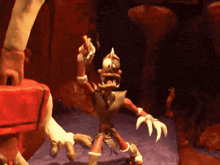 a cartoon character is standing in a cave and holding a sword