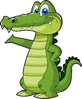a cartoon crocodile with blue eyes is waving its hand